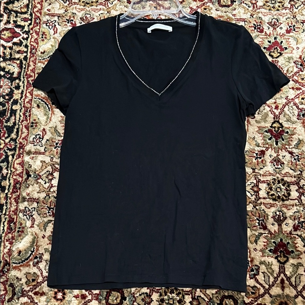 Cotton Brothers Black Silver Accent V-Neck Women's Tee Size Small Linen Blend